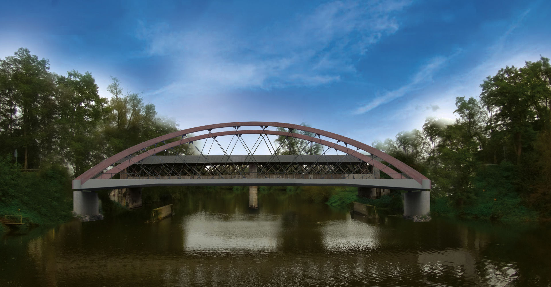 Geplant ist eine Bogenbrücke in Betonbauweise. Vorteile dieser Brücke sind die einfache Herstellung, die einfache Wartung und eine glatte Unterfläche, was vorteilhaft bei Treibgut im Fluss ist. −Fotos: Montage Kreisstraßenverwaltung Geplant ist eine Bogenbrücke in Betonbauweise. Vorteile dieser Brücke sind die einfache Herstellung, die einfache Wartung und eine glatte Unterfläche, was vorteilhaft bei Treibgut im Fluss ist. −Fotos: Montage Kreisstraßenverwaltung