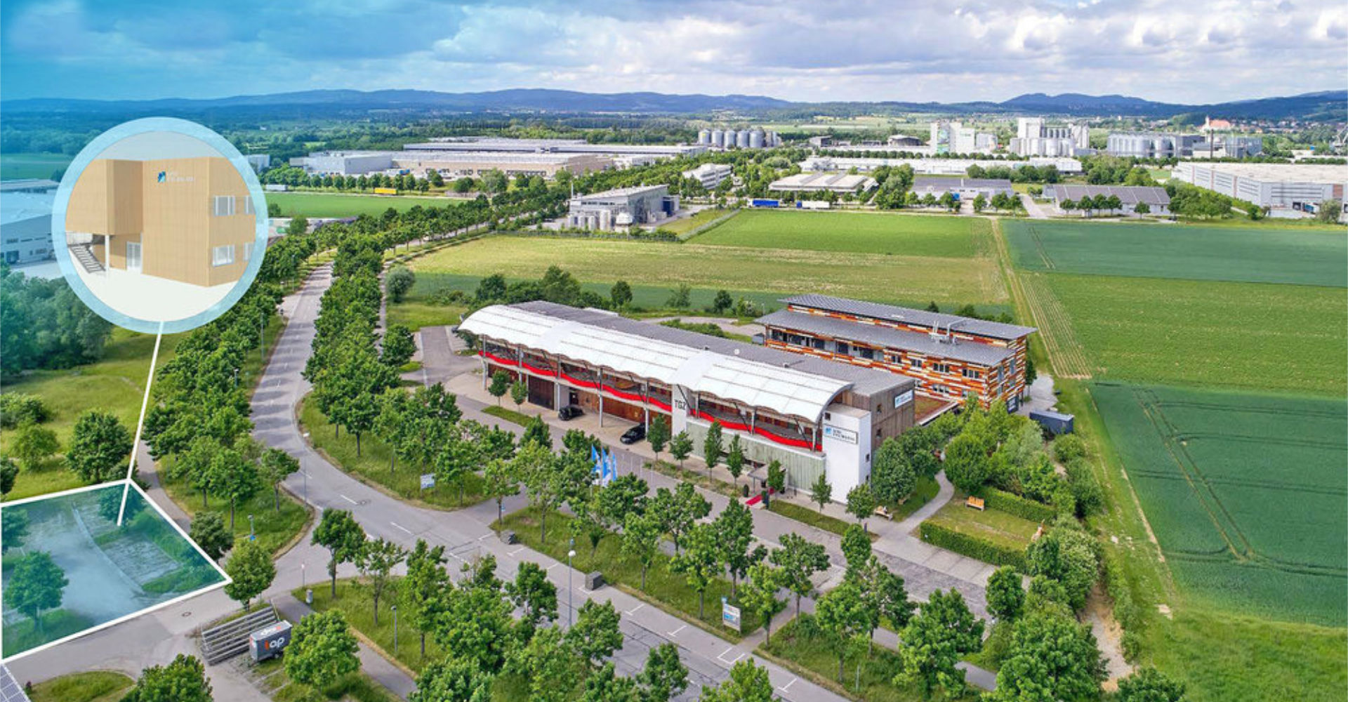 Das Innovations- und Gründerzentrum am Europaring wird erweitert um den mittlerweile zweiten Anbau, der sich an das hintere gestreifte Gebäude anschließen wird. Auf der gegenüberliegenden Straßenseite ist gerade ein Das Innovations- und Gründerzentrum am Europaring wird erweitert um den mittlerweile zweiten Anbau, der sich an das hintere gestreifte Gebäude anschließen wird. Auf der gegenüberliegenden Straßenseite ist gerade ein