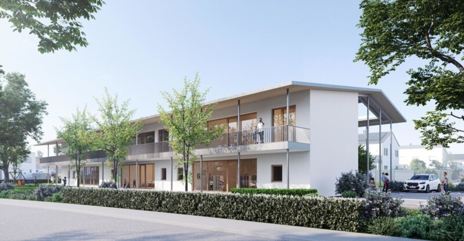 Diese Visualisierung zeigt die Front des Gebäudes. So soll es aussehen, wenn man vom Wiesenweg aus auf die neue Kita mit ihren zwei Krippen- und drei Kindergartengruppen blickt. (Visualisierung) -Foto: Dipl.-Ing. Arch. Michael Volz Diese Visualisierung zeigt die Front des Gebäudes. So soll es aussehen, wenn man vom Wiesenweg aus auf die neue Kita mit ihren zwei Krippen- und drei Kindergartengruppen blickt. (Visualisierung) -Foto: Dipl.-Ing. Arch. Michael Volz